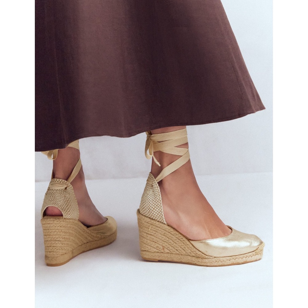 Boden Metallic Gold Espadrille Wedges Ribbon Ankle Tie Made in Spain Size 38